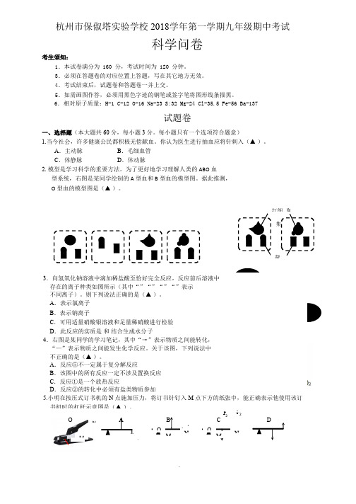 杭州市保俶塔实验学校2018学年第一学期九年级期中考试科学卷(无答案)