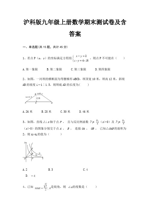 沪科版九年级上册数学期末测试卷及含答案