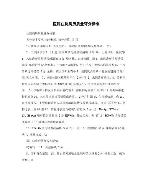 医院住院病历质量评分标准