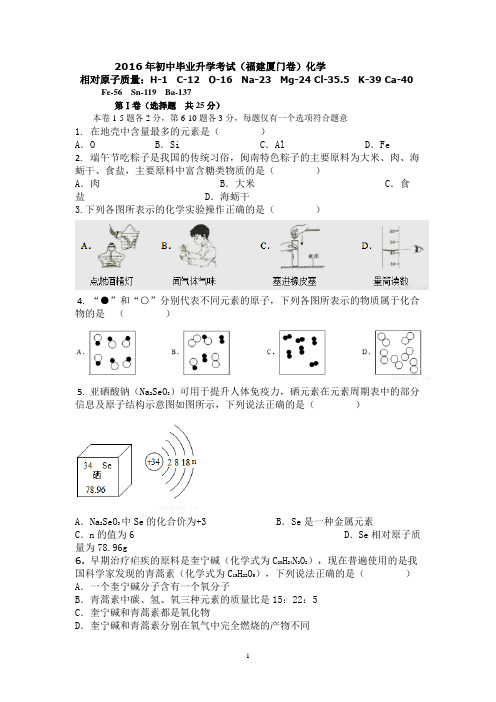 2016年厦门市中考化学试卷