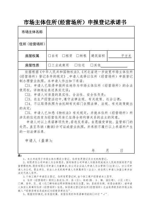 市场主体住所(经营场所)申报登记承诺书