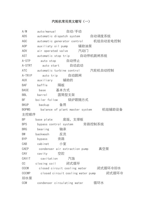 汽轮机常用英文缩写