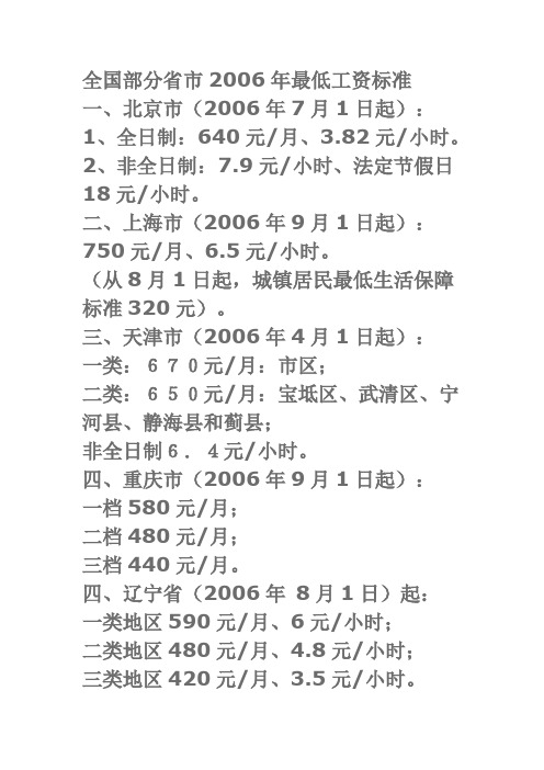 全国部分省市2006年最低工资标准