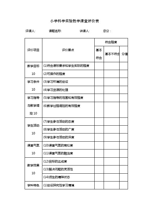 小学科学实验教学课堂评价表