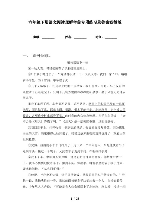 六年级下册语文阅读理解考前专项练习及答案浙教版