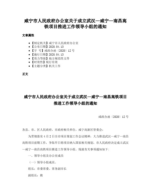 咸宁市人民政府办公室关于成立武汉—咸宁—南昌高铁项目推进工作领导小组的通知