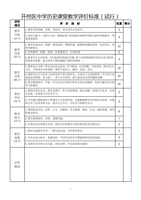 开州区中学历史课堂教学评价标准(试行)