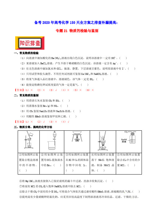 备考高考化学150天全方案之排查补漏提高： 专题21 物质的检验与鉴别讲义(含参考答案)