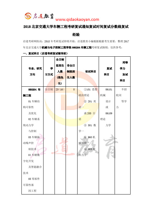 2018北京交通大学车辆工程考研复试通知复试时间复试分数线复试经验