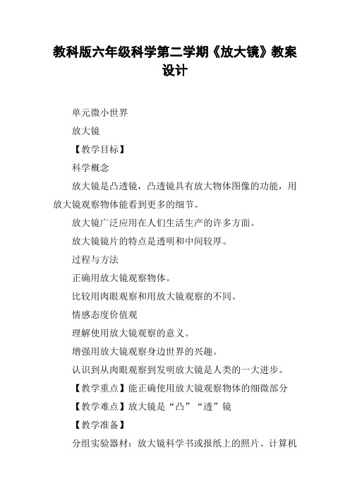 教科版六年级科学第二学期《放大镜》教案设计