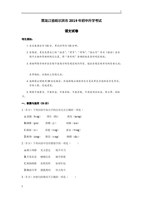 黑龙江省哈尔滨市2019年初中升学考试语文试卷