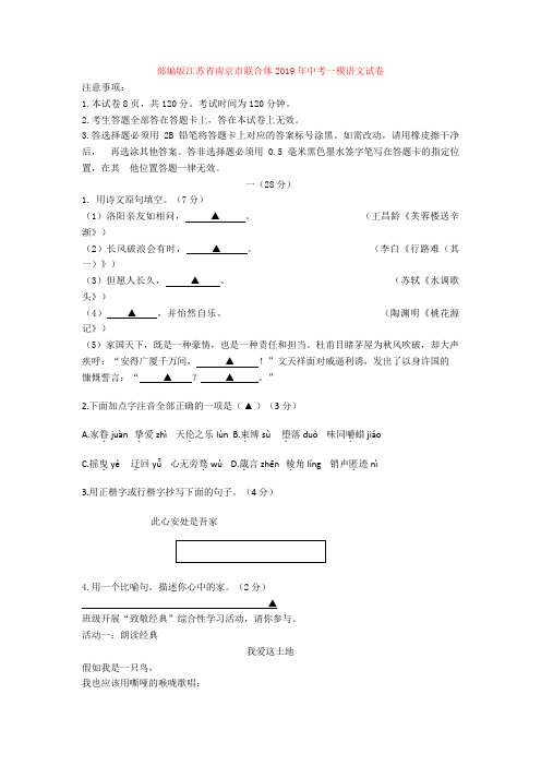 部编版江苏省南京市联合体2019年中考一模语文试卷含答案