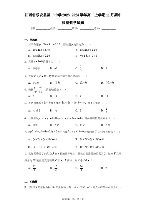 江西省乐安县第二中学2023-2024学年高二上学期11月期中检测数学试题