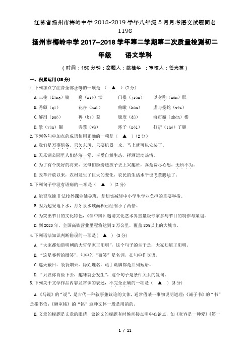 江苏省扬州市梅岭中学2018-2019学年八年级5月月考语文试题同名1198