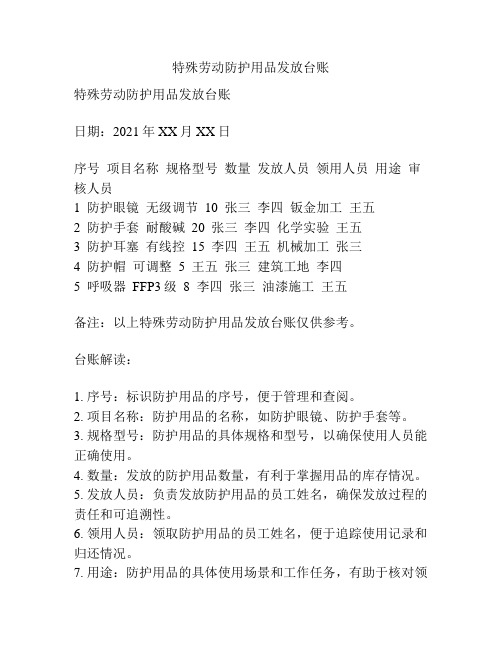 特殊劳动防护用品发放台账