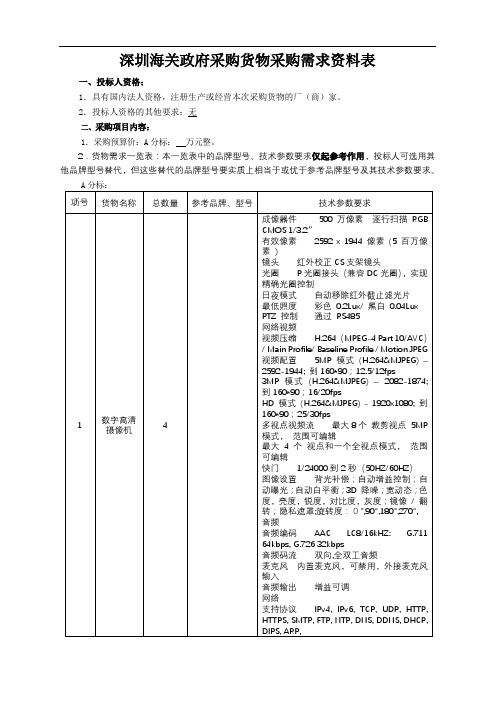 深圳海关政府采购货物采购需求资料表【模板】