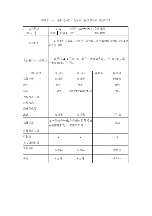 手机维修实训项目九手机送话器、受话器、振动器识别与检测报告