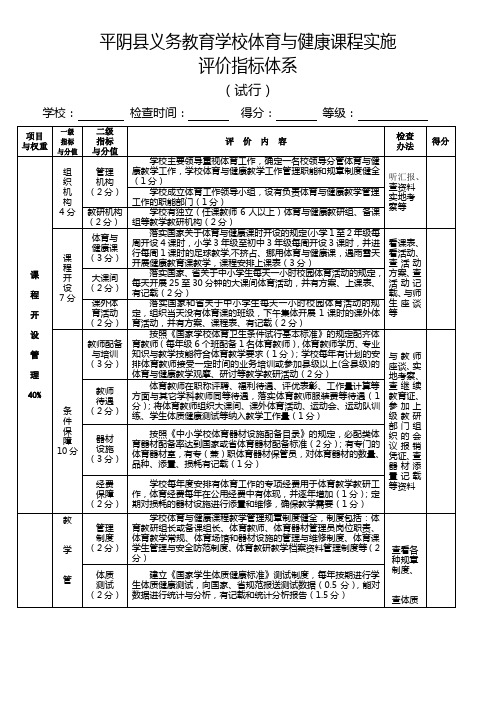 平阴县义务教育学校体育与健康课程实施评价指标体系(讨论稿)