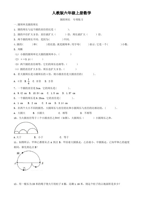 人教版六年级上册数学   圆的周长    专项练习