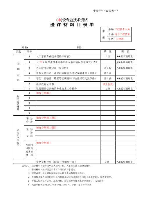 (表一)送评材料目录表(范本)