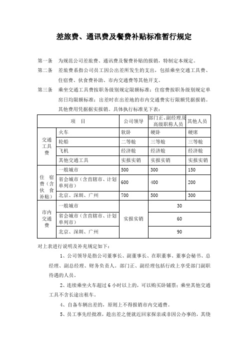 差旅费、通讯费及餐费补贴标准暂行规定