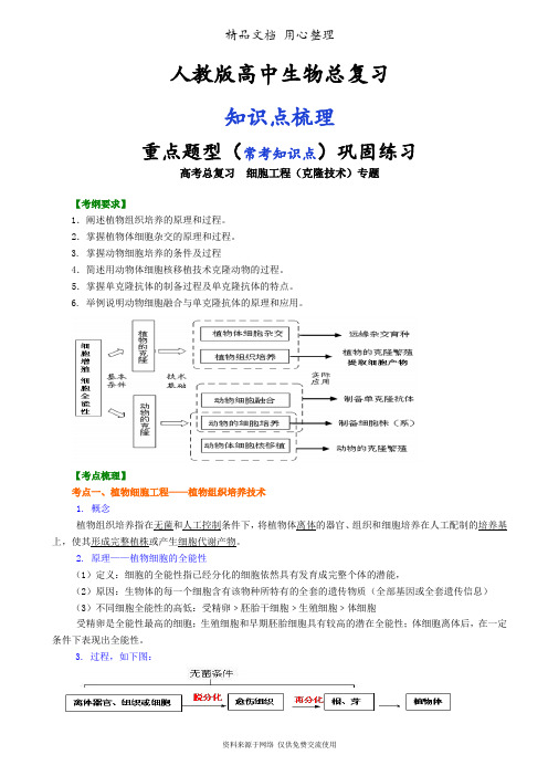 人教版高中生物总复习[知识点整理及重点题型梳理]——细胞工程