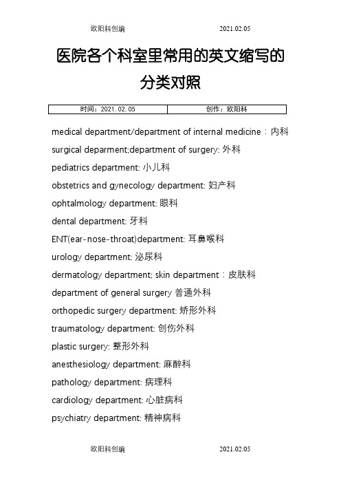 医院各个科室里常用的英文缩写的分类对照表之欧阳科创编