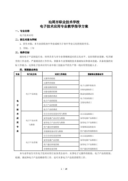 汕尾市职业技术学校电子技术应用专业教学指导方案