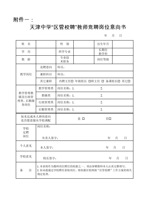 天津市区管校聘教师竞聘意向表