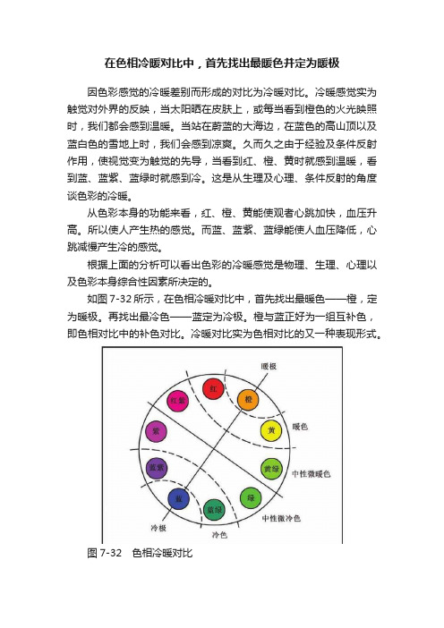 在色相冷暖对比中，首先找出最暖色并定为暖极