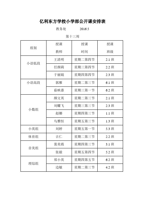 小学部第十三周公开课安排