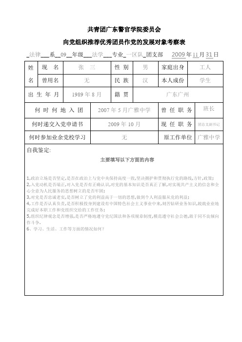 向党组织推荐优秀团员作党的发展对象考察表(模板)