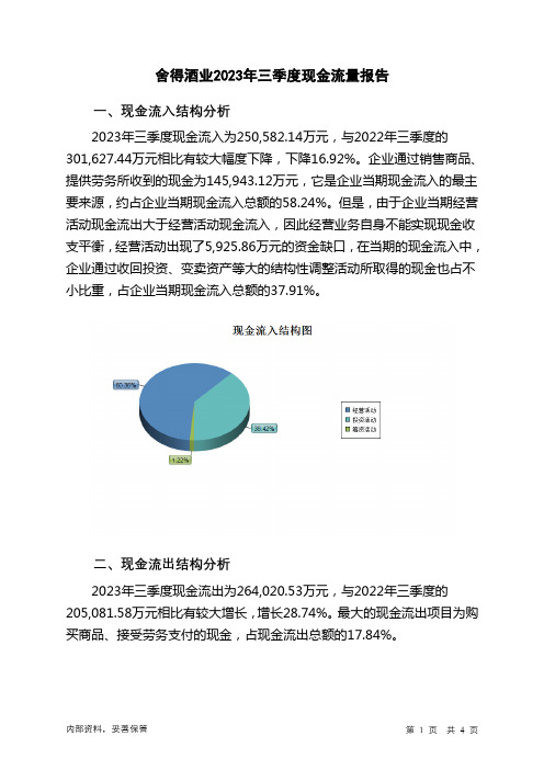 600702舍得酒业2023年三季度现金流量报告