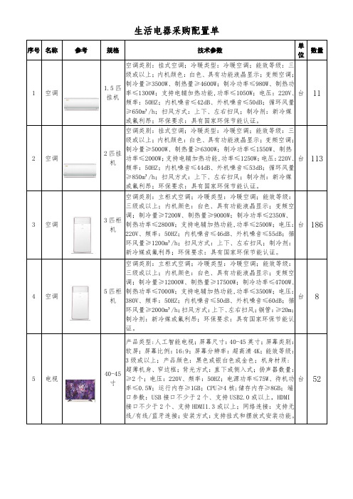 生活电器采购配置单