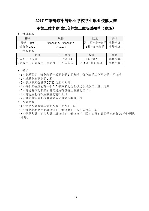 车工赛场、选手准备清单