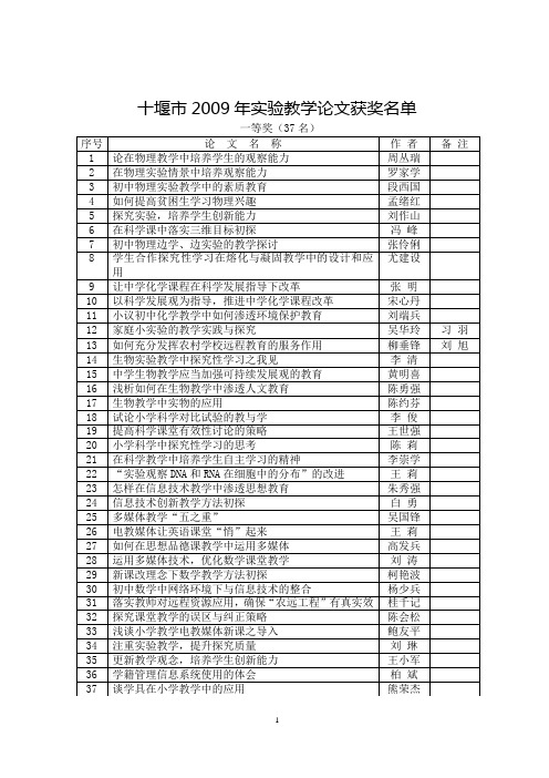 十堰市2009年实验教学论文获奖名单