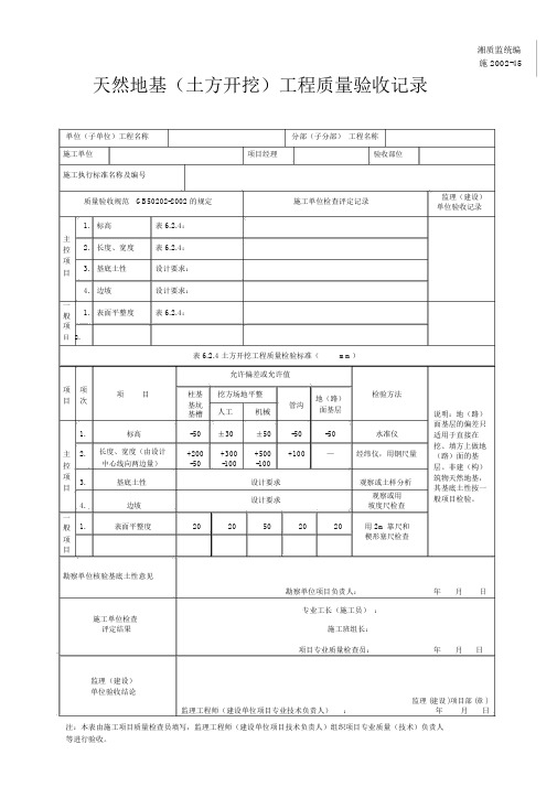 天然地基(土方开挖)工程质量验收记录