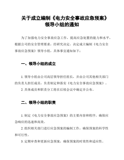 关于成立编制《电力安全事故应急预案》领导小组的通知