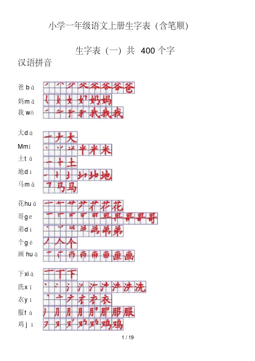 小学一年级语文上册生字表笔顺表电子打印版