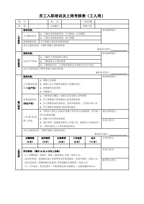 员工入职培训及上岗考核表(模板)