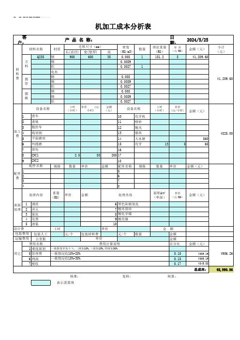 机加工成本自动核算表(新)