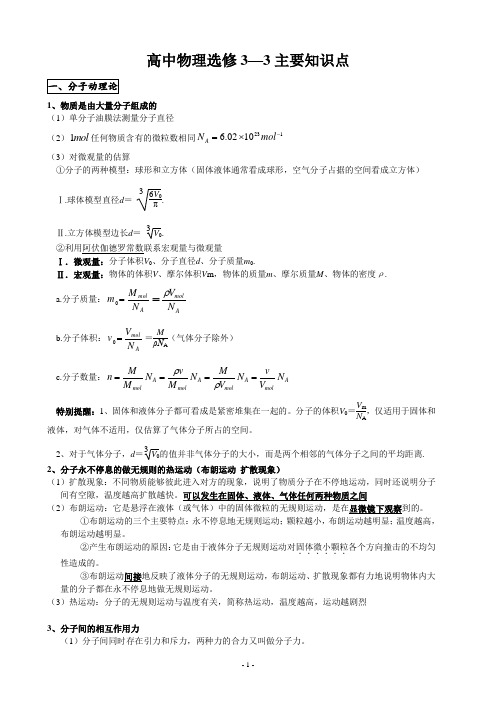 高中物理选修3-3主要知识点