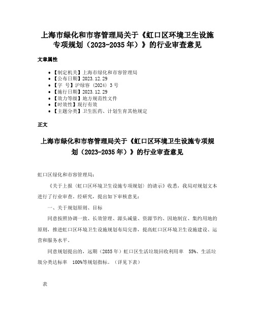 上海市绿化和市容管理局关于《虹口区环境卫生设施专项规划（2023-2035年）》的行业审查意见