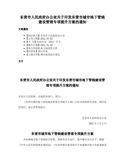 东营市人民政府办公室关于印发东营市城市地下管线建设管理专项提升方案的通知