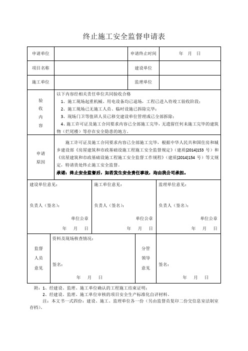 终止施工安全监督申请表