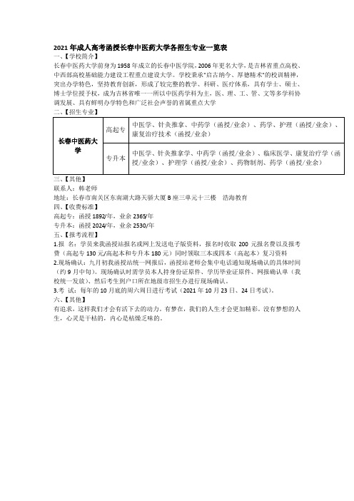 2021年成人高考函授长春中医药大学各招生专业一览表