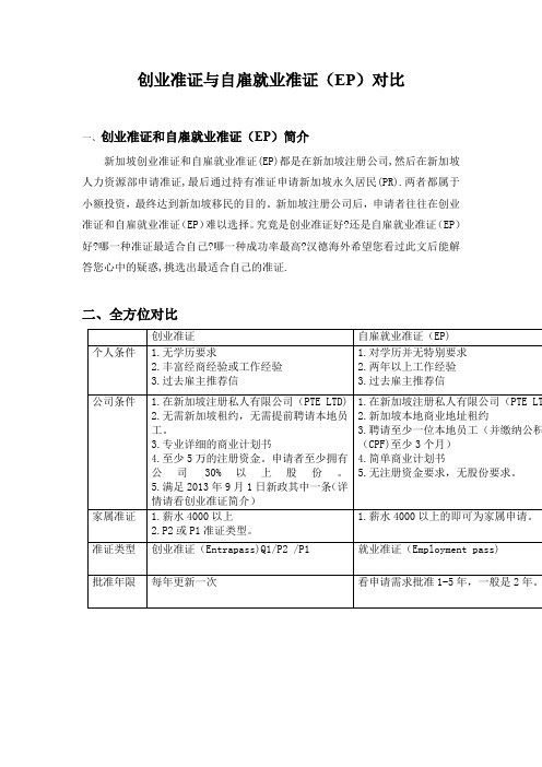 创业准证与自雇就业准证(EP)对比