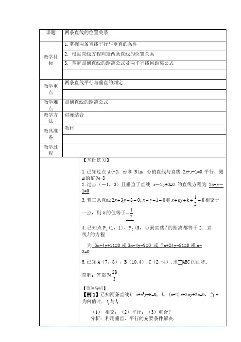 沪教版高中数学高二下册：11.3 两条直线的位置关系  教案