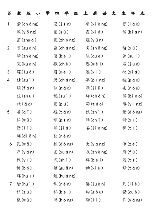 苏教版小学四年级语文上册生字表