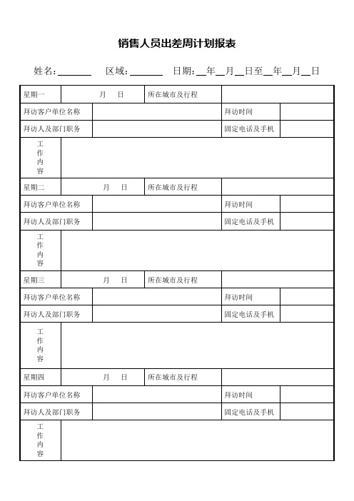 销售人员出差周计划报表word格式模板